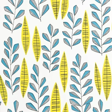 Garden city tapetti on ihanan piristava. Valkoisella pohjalla on sinisia ja keltaisia lehtia image