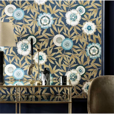 Komovi sininen kultainen lehtitapetti Harlequinilta image