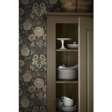 Dahlia Garden ruskea kukkatapetti ruokailuhuoneeseen Borastapeterilta image