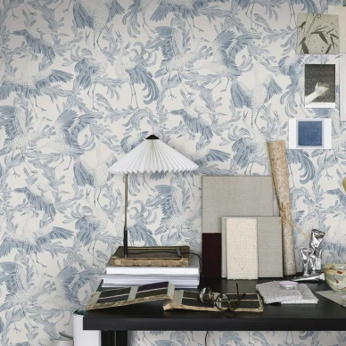 Dancing Crane sinivalkoinen lintutapetti tyohuoneeseen image