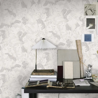 Dancing Crane valkoinen lintutapetti tyohuoneeseen image