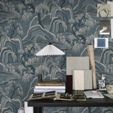 Indigo Garden sininen maisematapetti tyohuoneeseen image