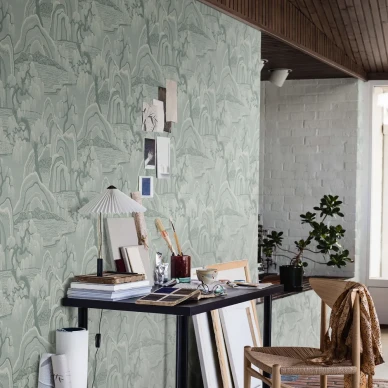 Indigo Garden vihrea maisematapetti tyohuoneeseen Borastapeterilta image