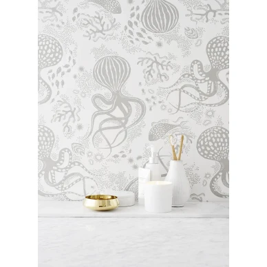 Aquatic valkoinen harmaa mustekalatapetti kylpyhuoneeseen Littlephantilta 1468 image