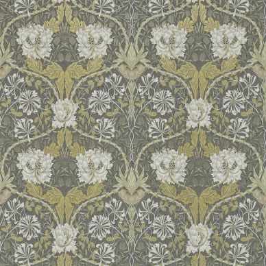 Honeysuckle and Tulip harmaa kultainen kukkatapetti Morris Charcoal Gold image