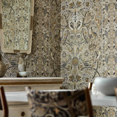 Bullerswood harmaa ruskea kuviollinen lintutapetti ruokailuhuoneeseen Morrikselta image