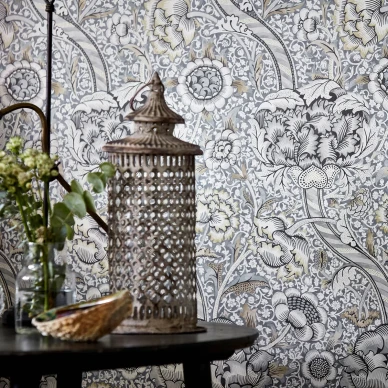 Wandle harmaa kukkatapetti olohuoneeseen Morrikselta image