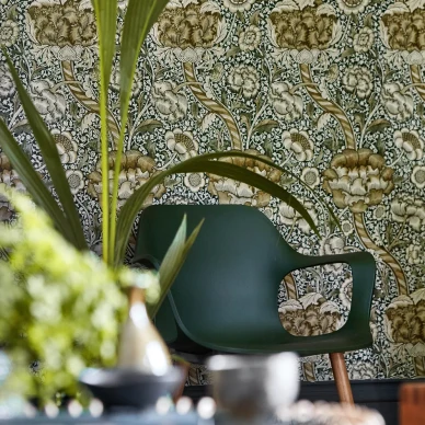 Wandle vihrea keltainen kukkatapetti olohuoneeseen Morrikselta image