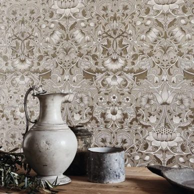 Pure Lodden hopea kultainen kukkatapetti keittioon Morris image