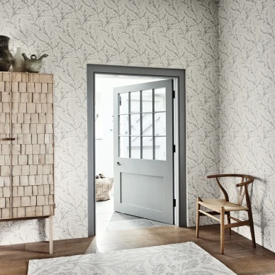Pure Willow Bough harmaa beige lehtitapetti olohuoneeseen Morris image