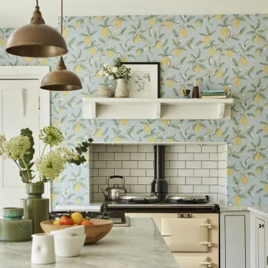 Lemon Tree sininen sitruunatapetti keittioon Morris image