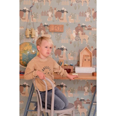 Lama Village sininen lastentapetti elaimilla Majvillanilta 143 02 image