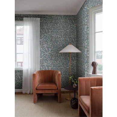 Viola Grasten Korgpil sininen lehtitapetti olohuoneeseen Borastapeter image