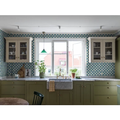 Stig Lindberg Prunus sininen valkoinen keittiotapetti Borastapeter image