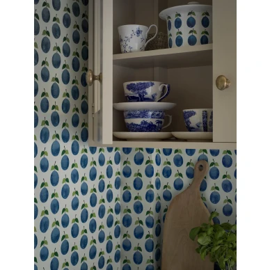 Stig Lindberg Prunus sinivalkoinen luumutapetti Borastapeter image