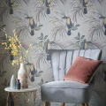 Le Toucan harmaa lintutapetti olohuoneeseen 1838 Wallcoverings