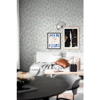 8604 sininen valkoinen lehtitapetti olohuoneeseen Borastapeterilta image