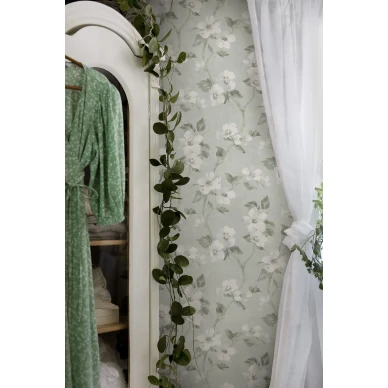 Helens Flower romanttinen turkoosi vaalea kukkatapetti Borastapeterilta image