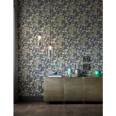 Lamina sininen kuviotapetti makuuhuoneeseen Harlequinilta image