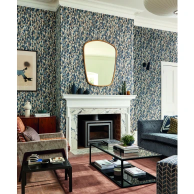 Fade sininen pronssinvarinen taplikas tapetti olohuoneeseen Harlequinilta image