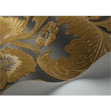 Fanfare Flock musta keltainen lehtitapetti samettipinnalla Cole et Sonilta 116 7027 image