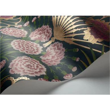 Flamenco Fan monivarinen kukkatapetti metallivareilla ja tummansinisella pohjalla Cole et Sonilta 117 14044 image