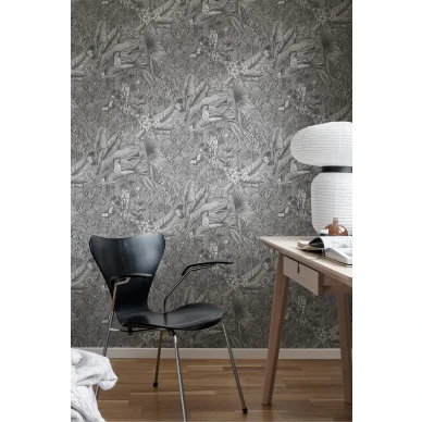 Tyohuoneen tapetti harmaalla lintukuviolla Rebel Wallsilta Furada R17464 image