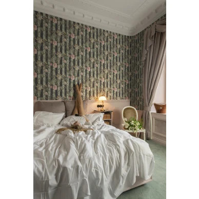 Soho vihrea roosa raidallinen kukkatapetti makuuhuoneeseen Rebel Wallsilta image