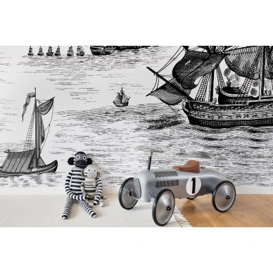 High Seas mustavalkoinen laivatapetti lastenhuoneen muraltapetti Rebel Wallsilta R14501 image