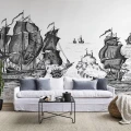 High Seas mustavalkoinen laivatapetti olohuoneeseen Rebel Wallsilta R14501