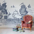 High Seas sinivalkoinen laivatapetti lastenhuoneeseen Rebel Wallsilta R14503