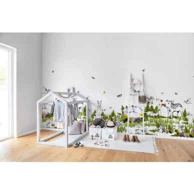 The Rabbits Playground leikkimielinen metsaelaintapetti lastenhuoneeseen Rebel Wallsilta R14551 image
