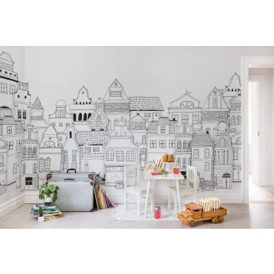 London Houses mustavalkoinen talotapetti lastenhuoneeseen Rebel Wallsilta R14601 image