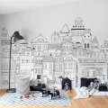 London Houses mustavalkoinen talotapetti muraltapetti lapsille Rebel Wallsilta R14601