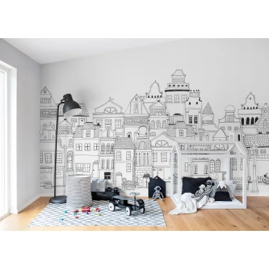 London Houses mustavalkoinen talotapetti muraltapetti lapsille Rebel Wallsilta R14601 image