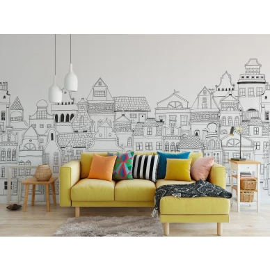 London Houses mustavalkoinen talotapetti olohuoneeseen Rebel Wallsilta R14601 image