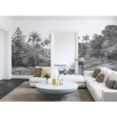 Jungle Land mustavalkoinen viidakkotapetti olohuoneeseen Rebel Wallsilta R14612 image