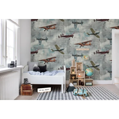 Aero Show vanhanaikainen lentokonetapetti lastenhuoneeseen Rebel Wallsilta R15211 image