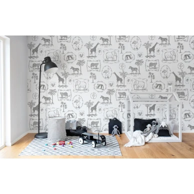 Animal Party mustavalkoinen elaintapetti lastenhuoneeseen Rebel Wallsilta R15271 image