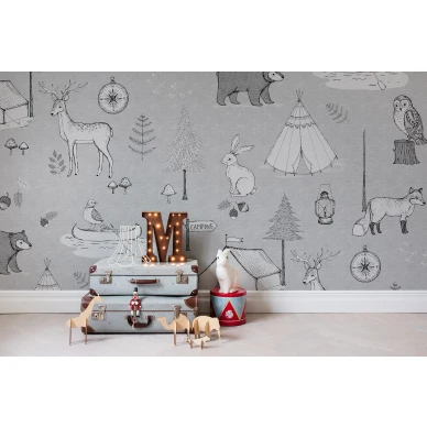 Camping Trip harmaa elaintapetti lasten muraltapetti Rebel Wallsilta R15312 image