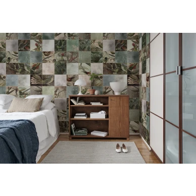 Birds of Paradise ruudullinen lintutapetti makuuhuoneeseen Rebel Wallsilta R15071 image