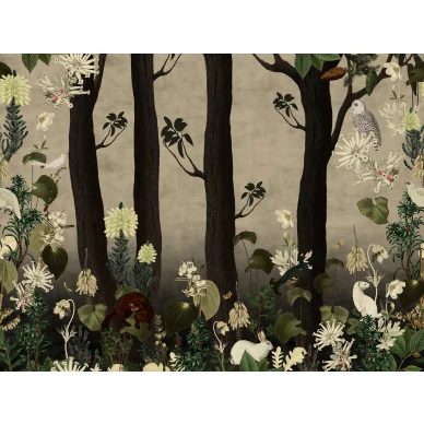 Rabbit Hole ruskea maaginen metsatapetti koko kuvio Rebel Wallsilta R17132 image