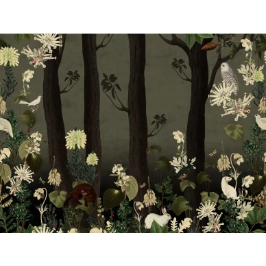 Rabbits Hole tumma metsatapetti ja elaintapetti koko kuvio Rebel Wallsilta R17131 image