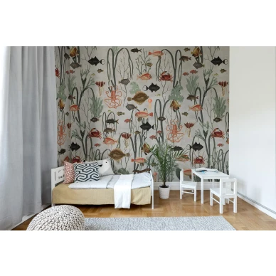 Aquatic harmaa kalatapetti lastenhuoneeseen Rebel Wallsilta R17144 image