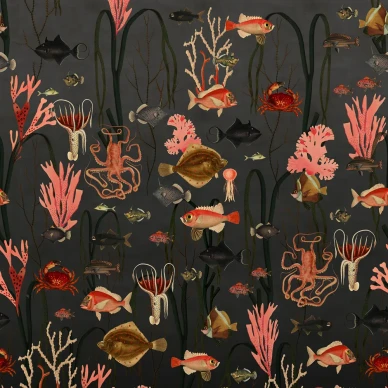 Aquatic tummanharmaa ja varikas kalatapetti Rebel Wallsilta R17143 image