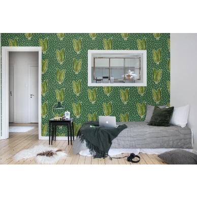 Acapulco vihrea pilkullinen lehtitapetti makuuhuoneeseen Rebel Wallsilta R16011 image