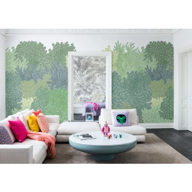 Hideaway vihrea suurikuvioinen puutapetti olohuoneeseen Rebel Wallsilta R16021 image
