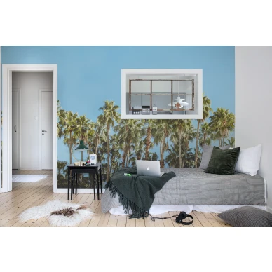 Riviera Daydream sininen vihrea palmutapetti makuuhuoneeseen Rebel Wallsilta R16051 image