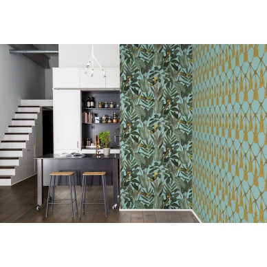 Yellow Bird turkoosi suurikuvioinen lintutapetti eteiseen Rebel Wallsilta R15731 image