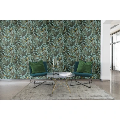 Yellow Bird turkoosi suurikuvioinen lintutapetti olohuoneeseen Rebel Wallsilta R15731 image